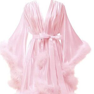 Pink Satin Nightie / Robe With Feathers Small/Medium